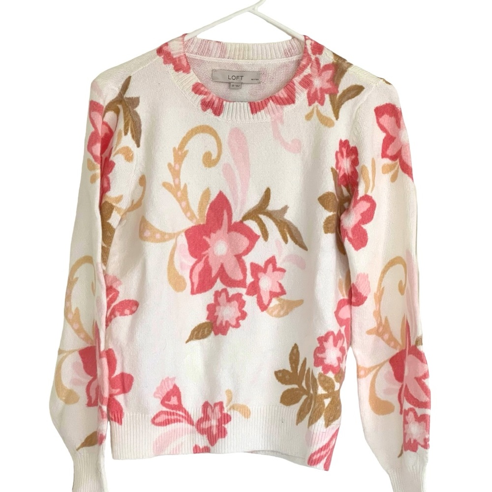 Loft Cream and Pink Floral Sweater, Size Small Petite $20